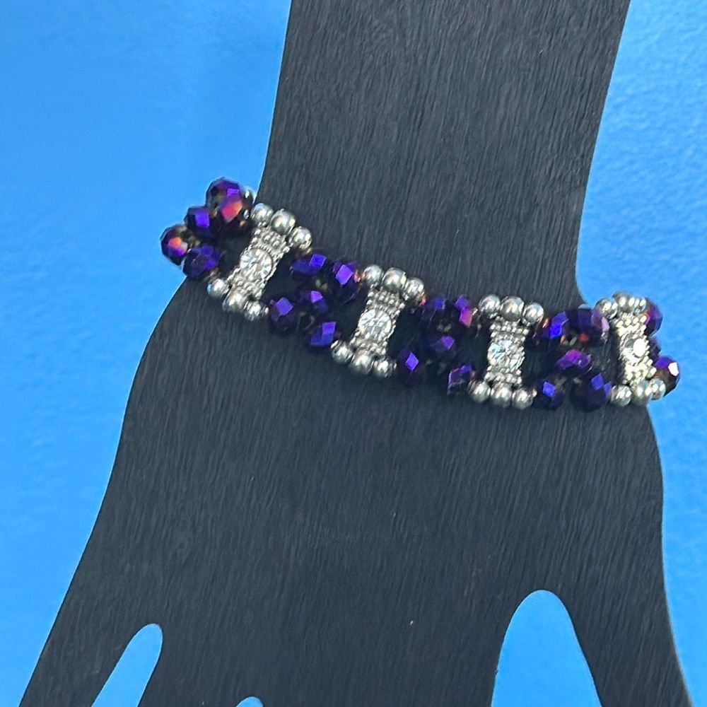 Purple Glass Bead Stretch Bracelet Faux Silver & Diamond Accents